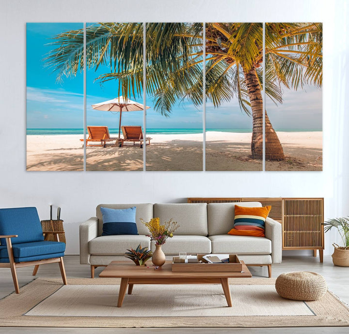 The 3-panel Tropical Beach Wall Art features palm trees and sun loungers, perfect for coastal decor.