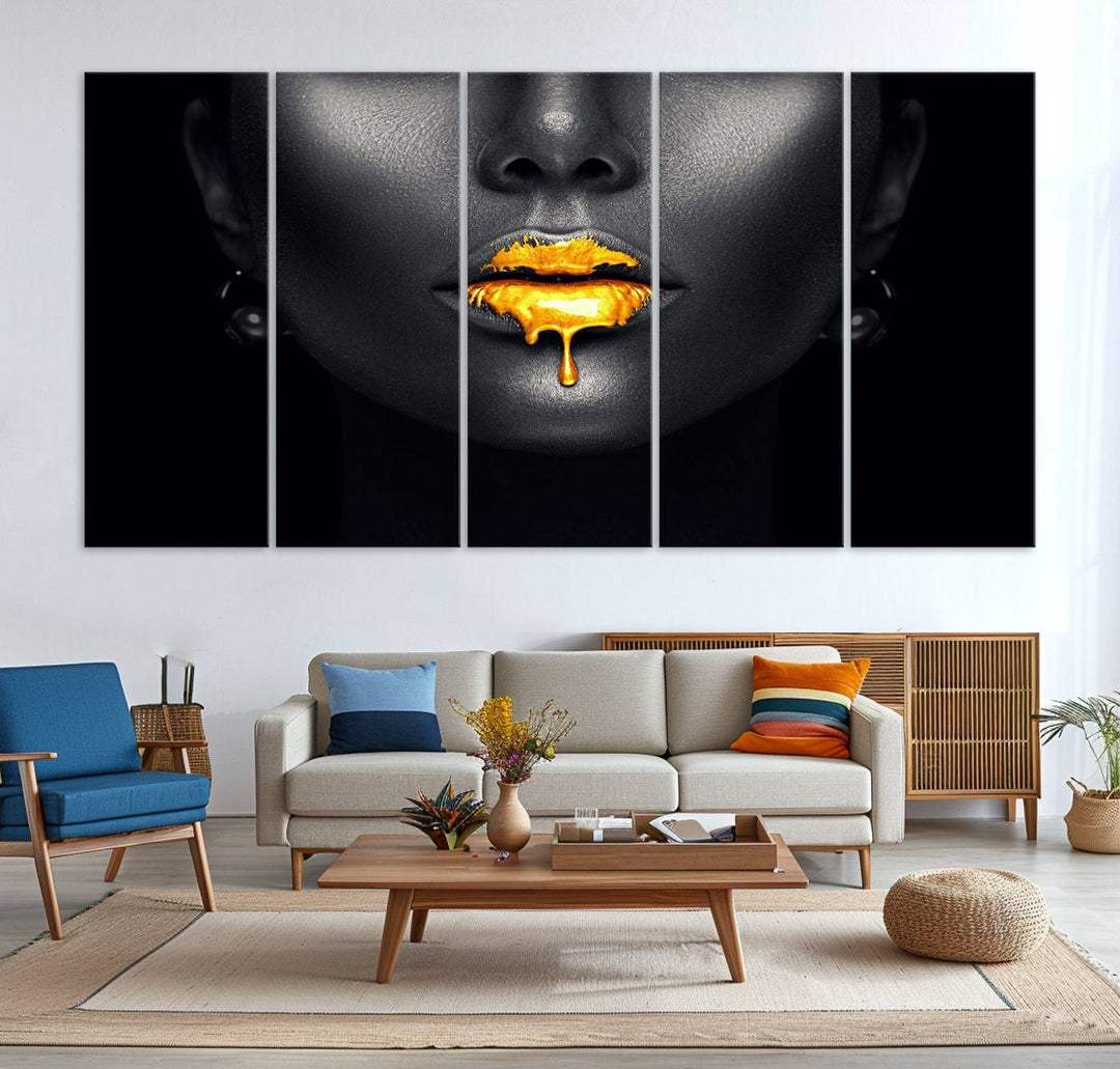 The Honey Gold Lips and Black Woman Photograph canvas print adds a striking touch to the room.