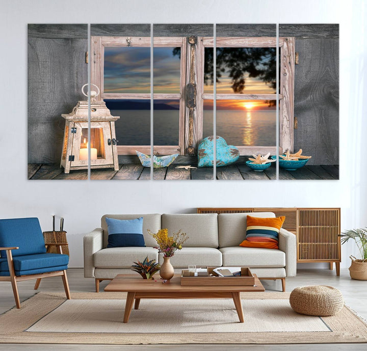 The Astonishing Sunset from the Window canvas print beautifully captures a sea view, accompanied by a lantern and starfish.