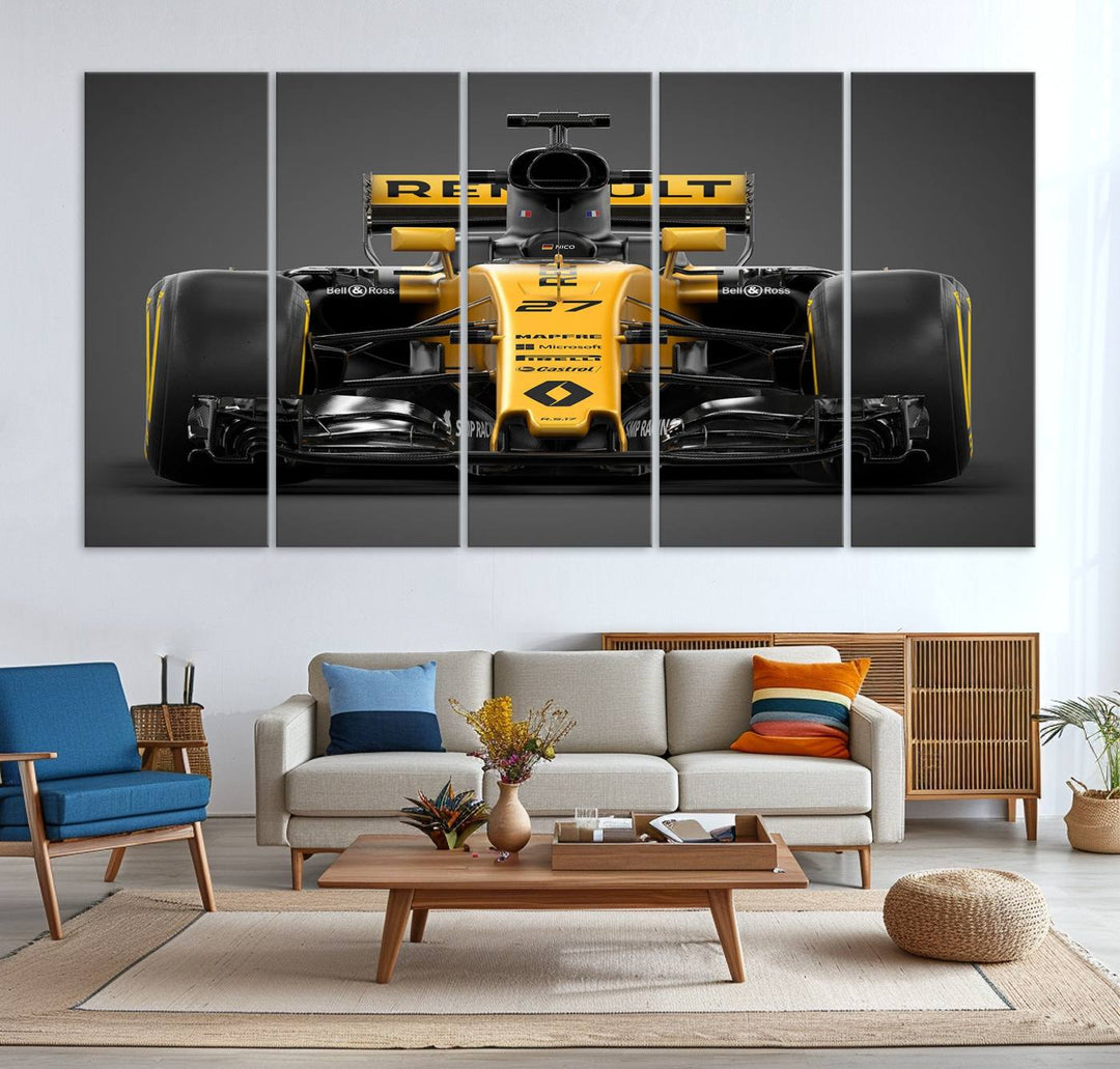 A yellow and black F1 Renault car canvas print with free shipping.