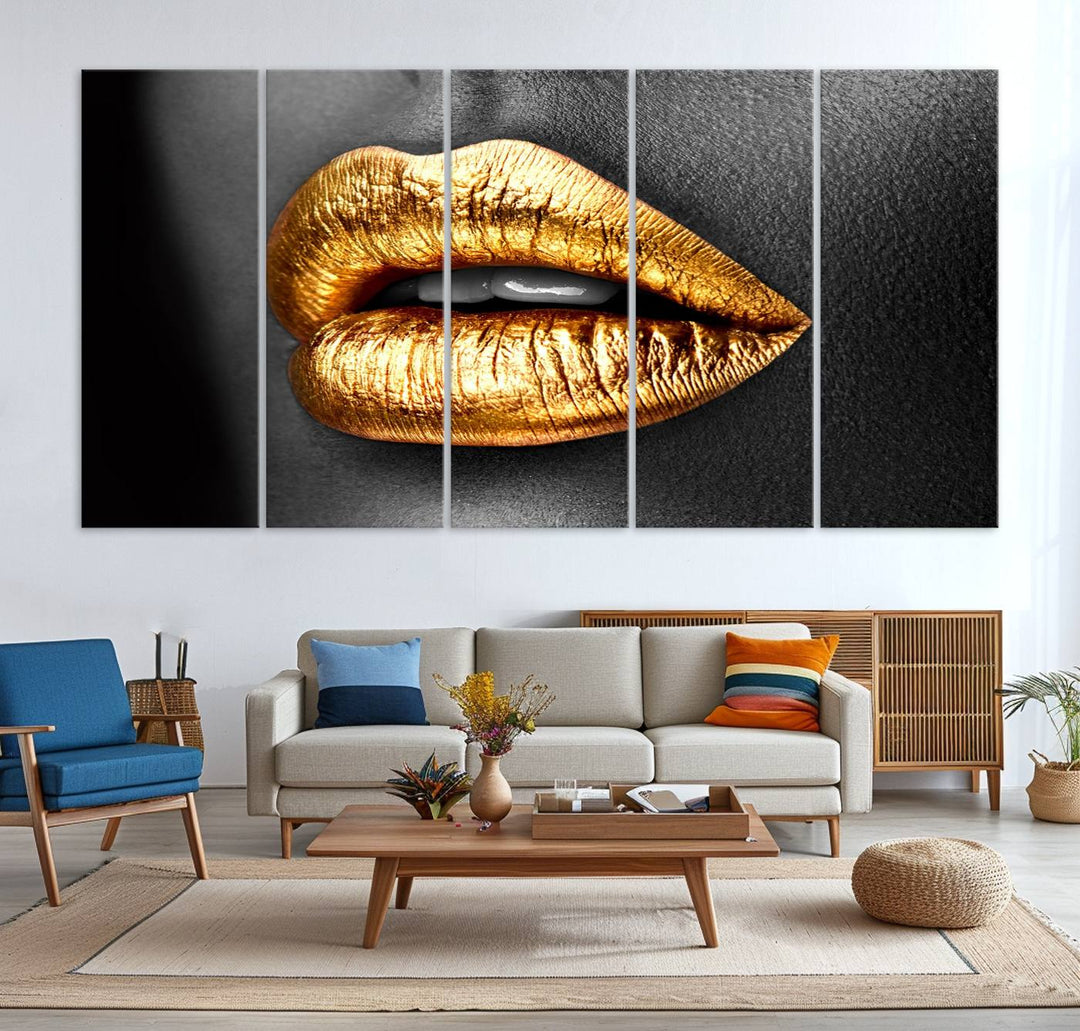 The Gold Lips Canvas Wall Art on a black background is showcased.