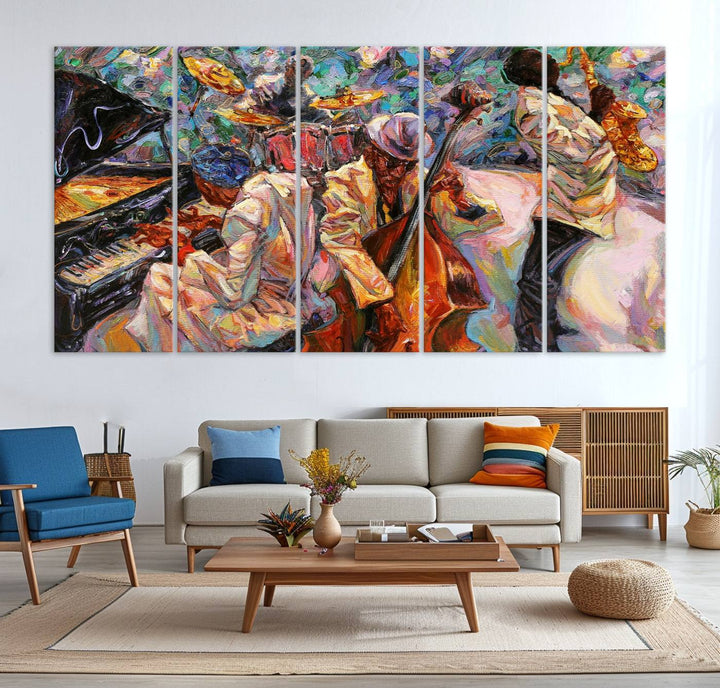 The wall features an African American Jazz Art Music Abstract Painting on Canvas.