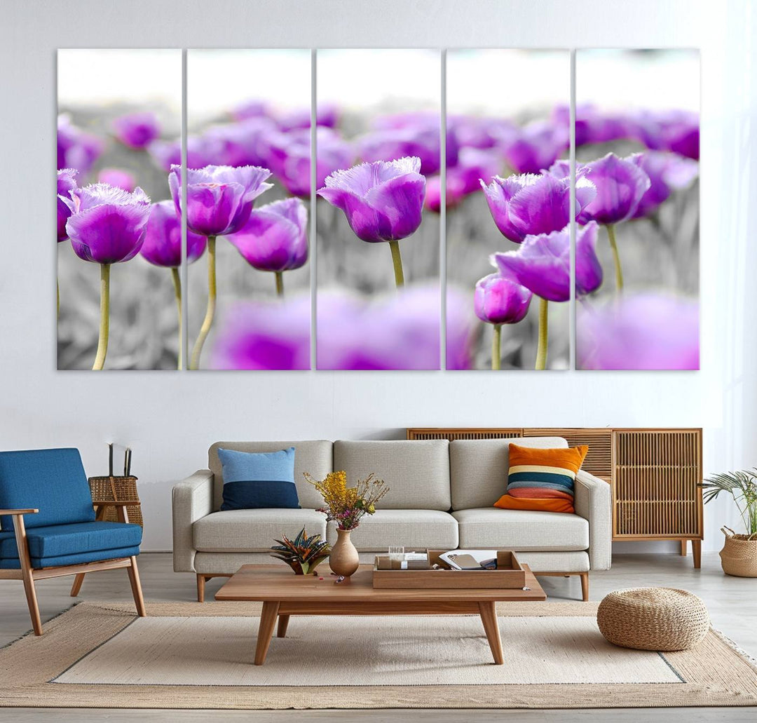 A gallery-wrapped Tulip Fields canvas wall art in a vivid purple hue.