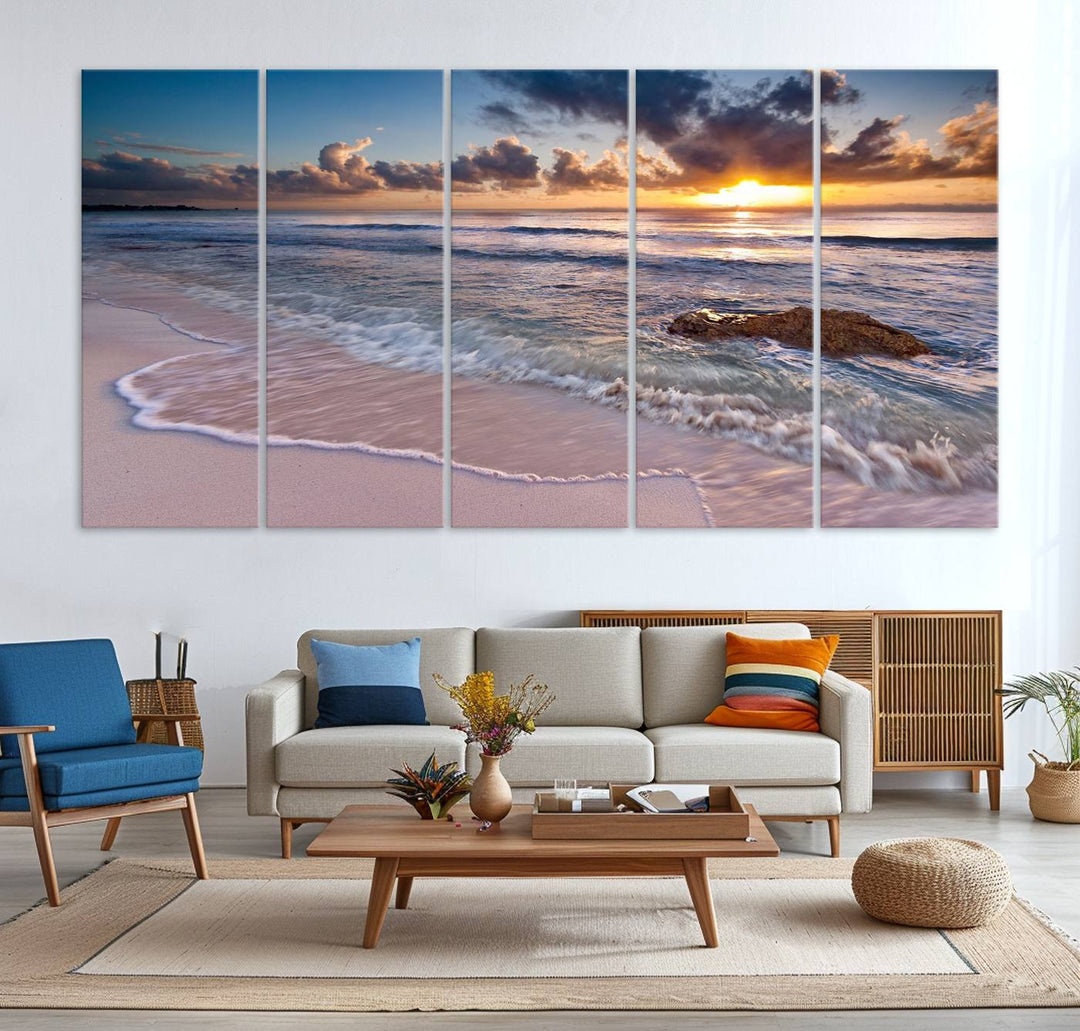 The room features a Sunset Beach Waves Canvas above the counter.