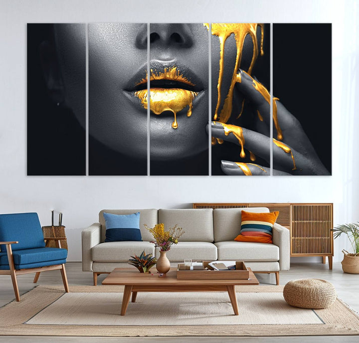 Above the dining area is the Gold Glitter Lips Fashion Makeup canvas wall art.