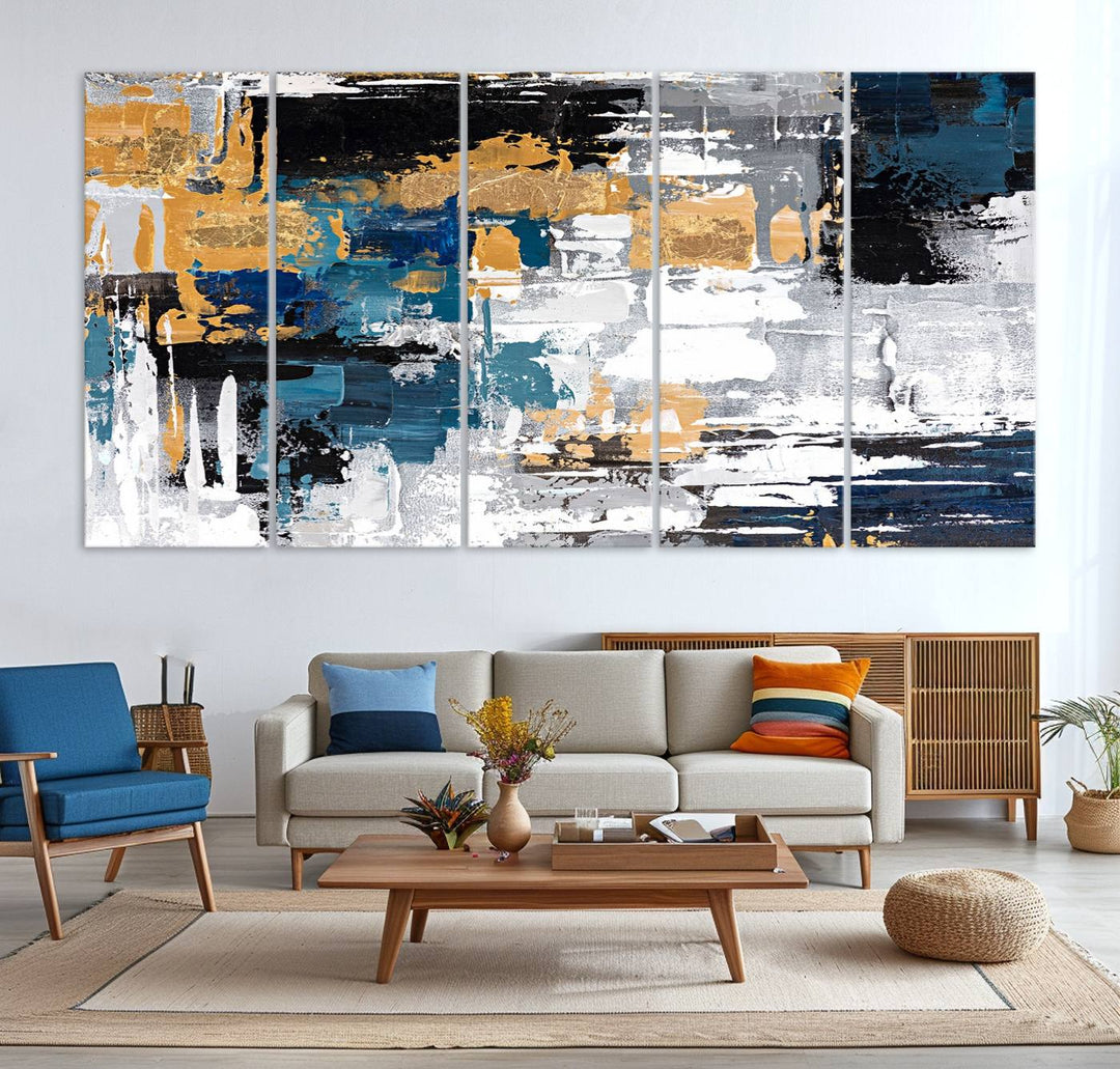 Blue and Gold Abstract Canvas Wall Art hangs prominently.