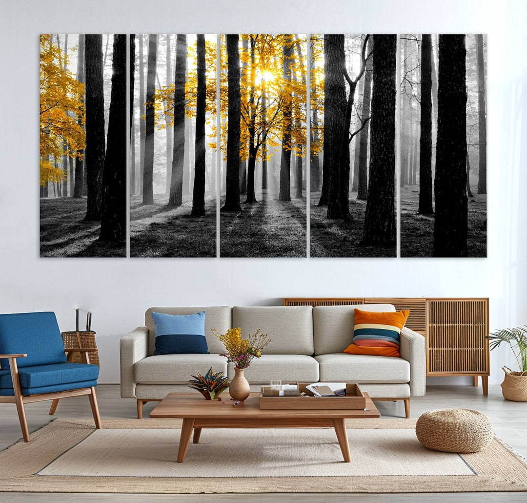 Nature Misty Foggy Autumn Forest Wall Art Print displayed above a modern dining room.