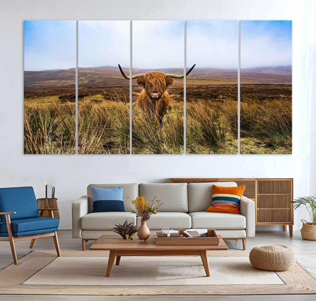 A Scottish Highland Cow art print canvas with UV-protection adorns the wall, preserving vivid details.