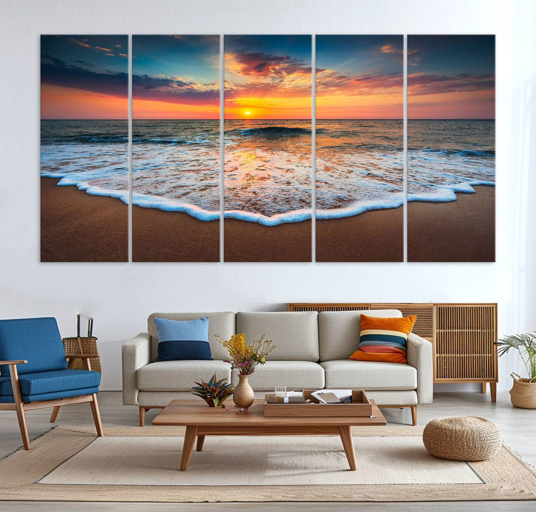 A Sunset with Calm Waves on the Beach Wall Art Canvas Print adorns the dining room.