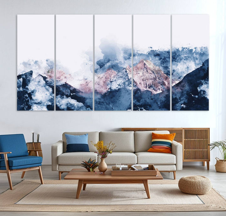 A modern kitchen showcases an Abstract Watercolor Mountain Landscape Art Canvas Print.