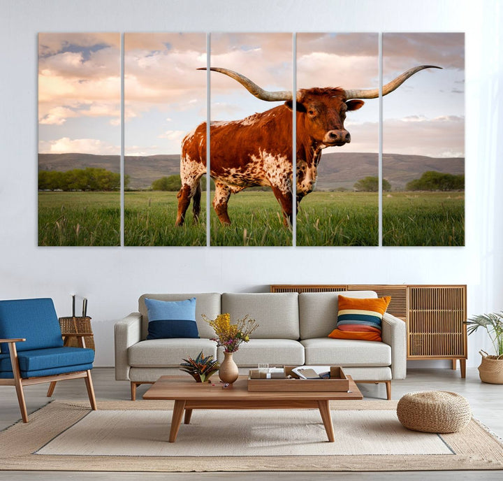 The Texas Cow Canvas Wall Art print captures a longhorn cow at sunset and is ready to hang.