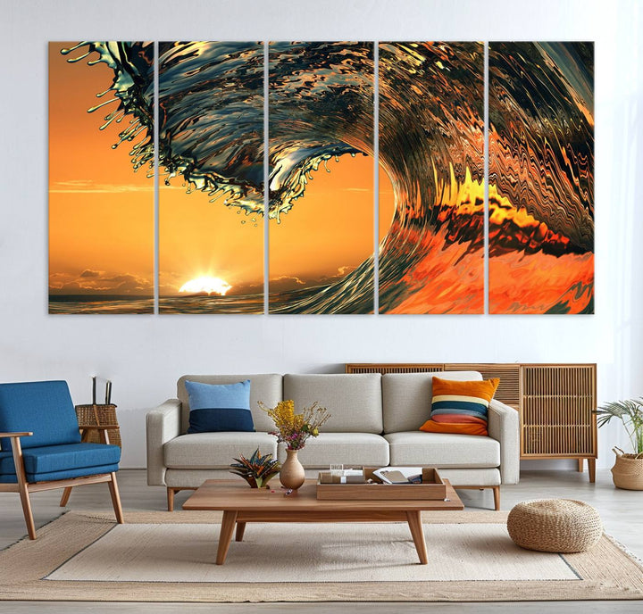 The Ocean Wave With Perfect Sunset canvas wall art adds a striking focal point to the room.