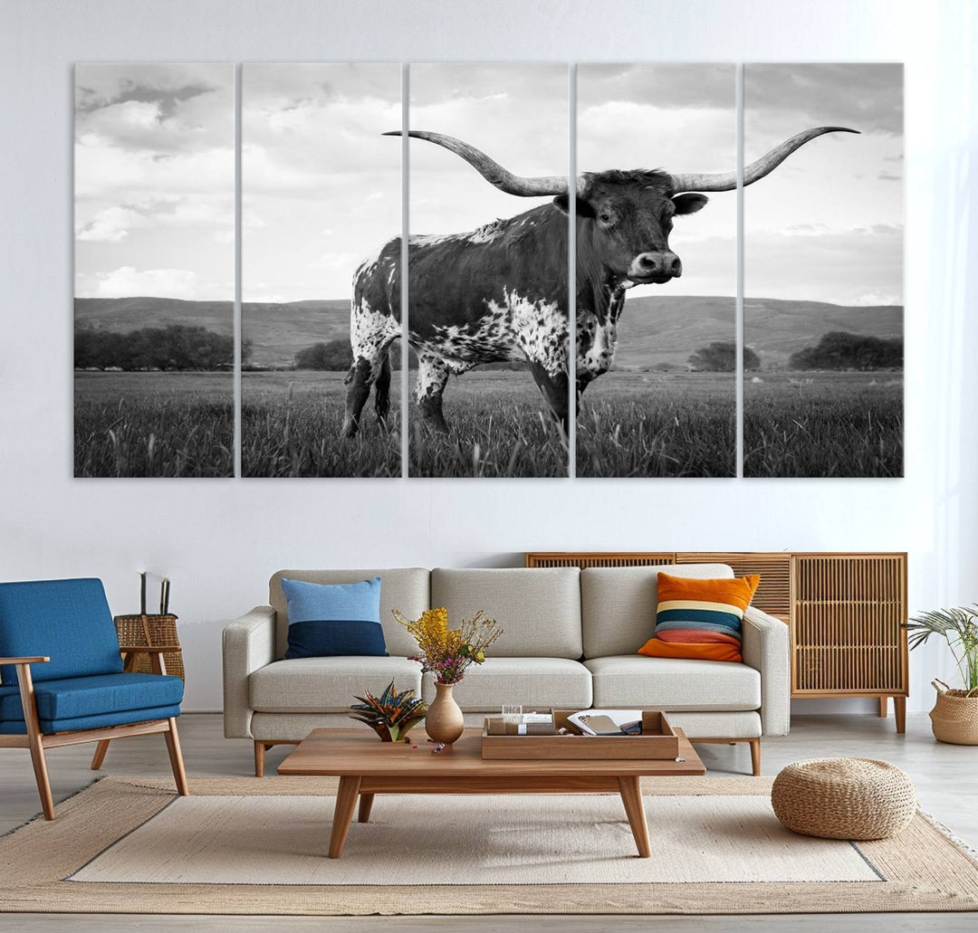 A Black and White Longhorn Texas Cow Canvas Wall Art.