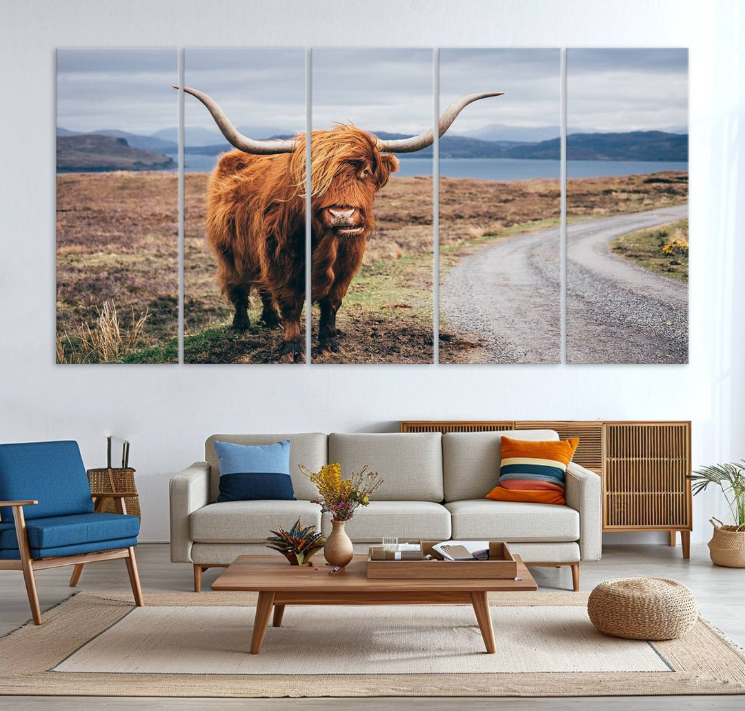 The Longhorn Highland Cow Canvas Wall Art is prominently displayed.