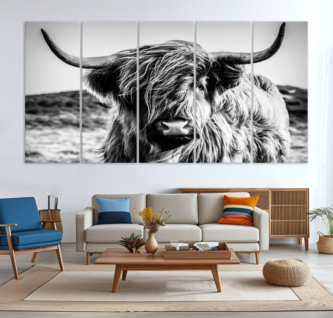 A Black and White Scottish Cow Canvas Print adorns the kitchen wall, perfect for farmhouse decor.