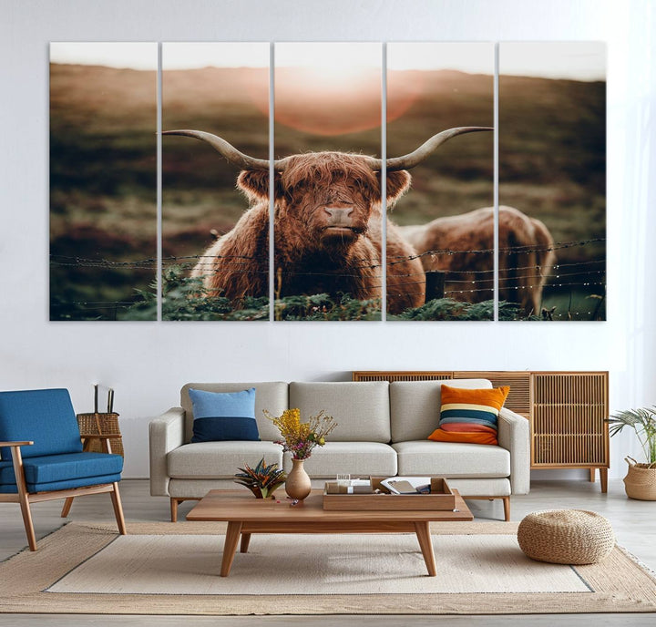 A Highland Cow Animal Canvas Wall Art, featuring a grassy field, is displayed on the wall.