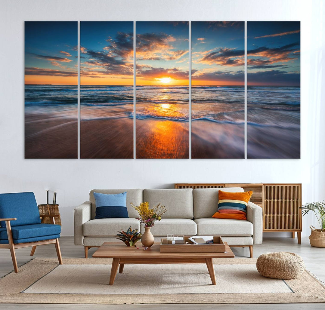 A museum-quality Beautiful Sunset over the Horizon canvas adorns the living room wall.