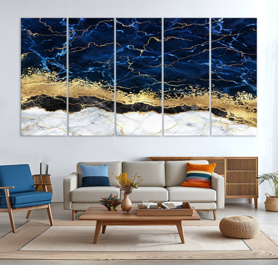 Navy Blue Marble Fluid Effect Canvas Wall Art, featuring a gold and white abstract design, adds a finishing touch to your modern kitchen decor.