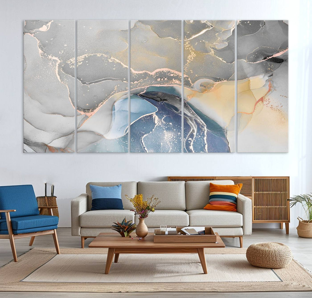 Gray Marble Fluid Effect Abstract Canvas with swirls of gray, gold, and blue.