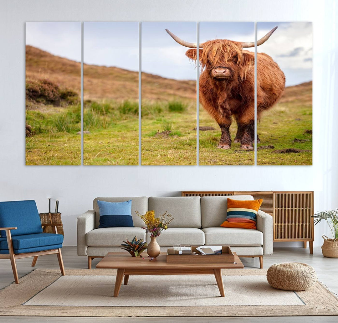 A Highland Cow Animal Canvas Wall Art hangs on the wall, adding warmth to the room.