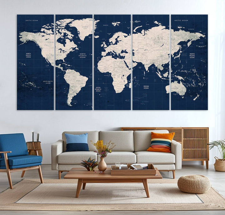 Large modern world map wall art canvas print in beige and navy; showcases a 3-panel vintage map design and is ready to hang.