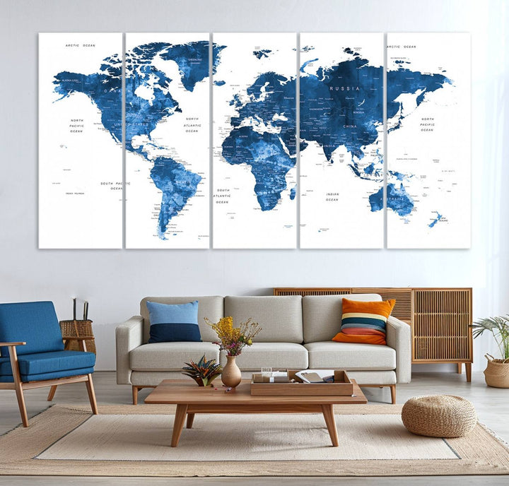 Navy Blue Wall Art World Map Canvas Print, an ideal piece for anyone seeking unique home or office decor.