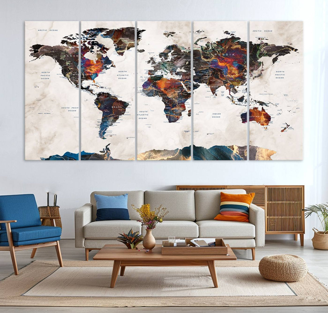 Watercolor World Map Canvas Print in earthy hues with a grunge background, ideal for wall decor.