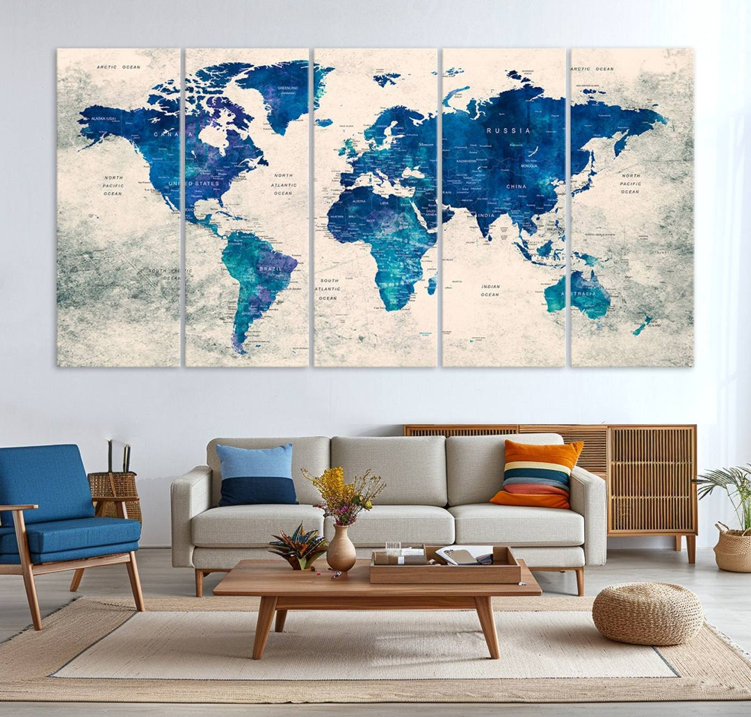 Navy Blue Push Pin World Map Canvas Print featuring a grunge-stained background, with labeled countries and oceans.