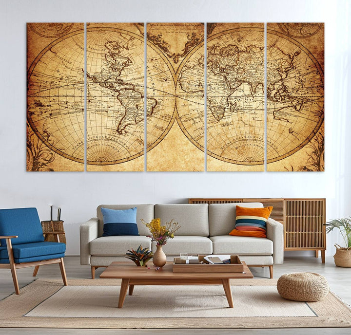 Vintage World Map Wall Art | 3-Panel Canvas Print for Living Room, Office, or Study | Giclee Canvas with Antique Design
