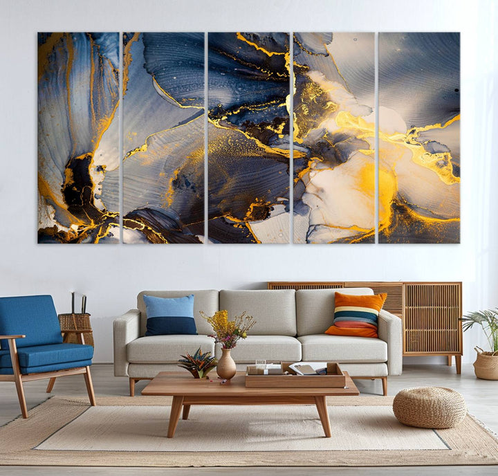 Large Abstract Wall Art Print - Gold and Blue Abstract Canvas Wall Art | Fluid Ink Modern Luxury Wall Decor for Living Room Decor