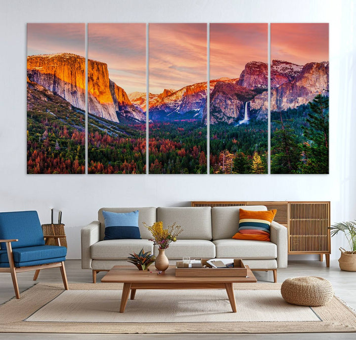 An El Capitan Yosemite Canvas showcasing a sunset over a mountain valley.