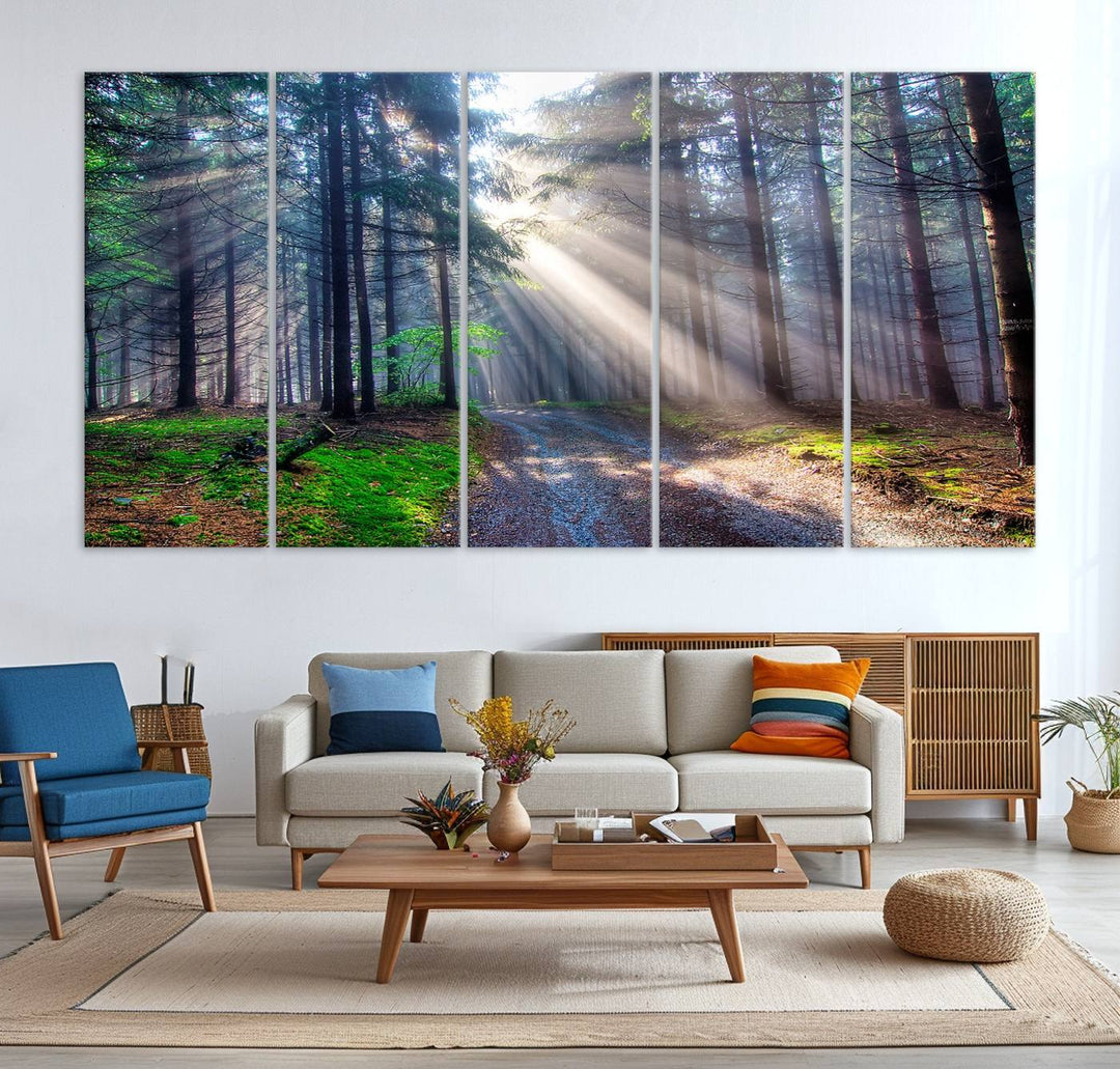 The dining area features a 3-panel Forest Path Canvas showcasing sun rays filtering through a misty forest.