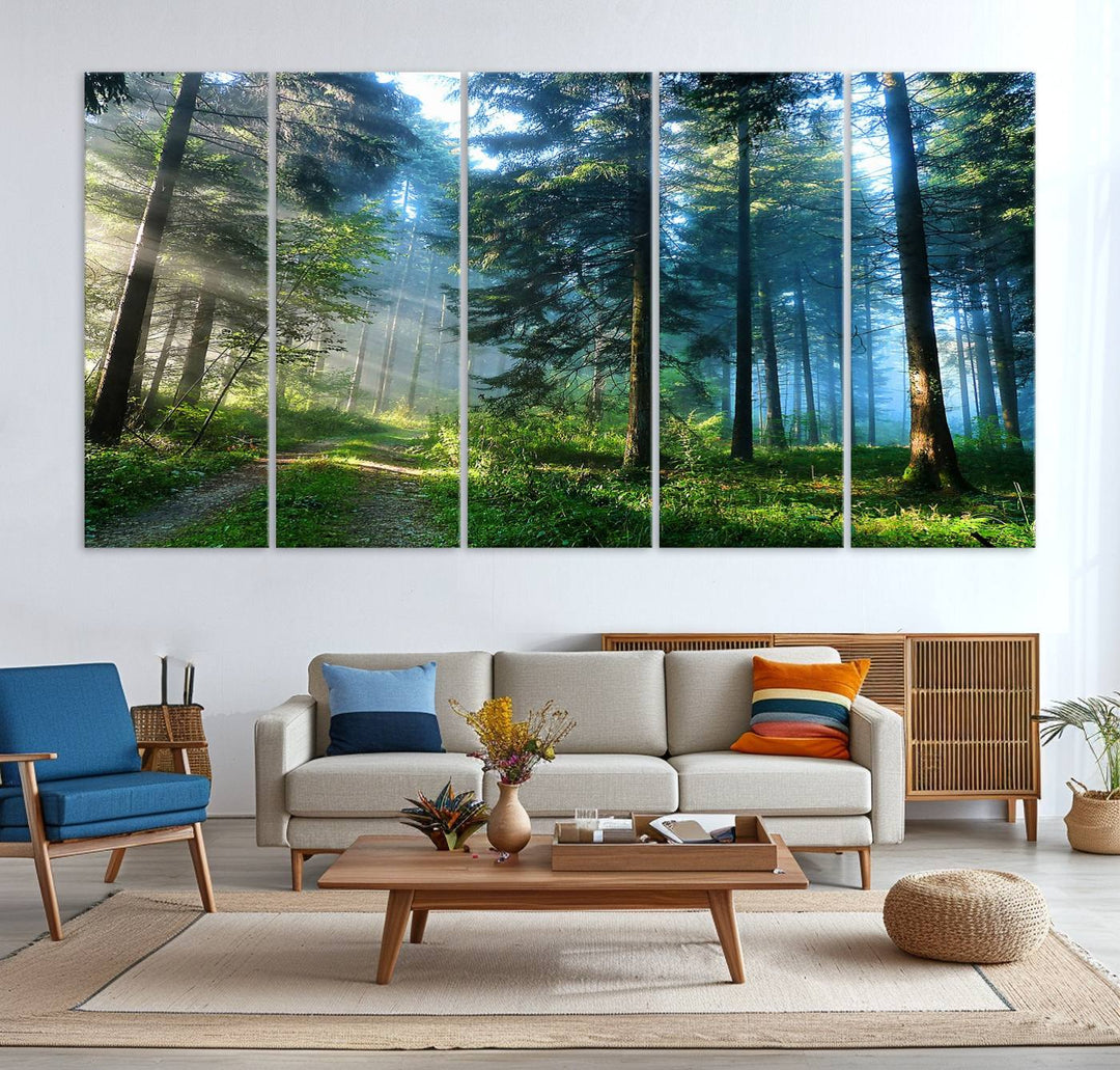 Enhancing the space is the Forest Sun Shine wall art canvas print, showcasing a serene forest scene.