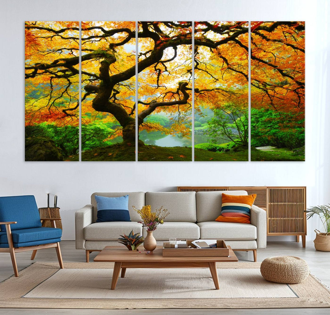 The Portland Japanese Maple Tree Canvas adds elegance to a modern living room.