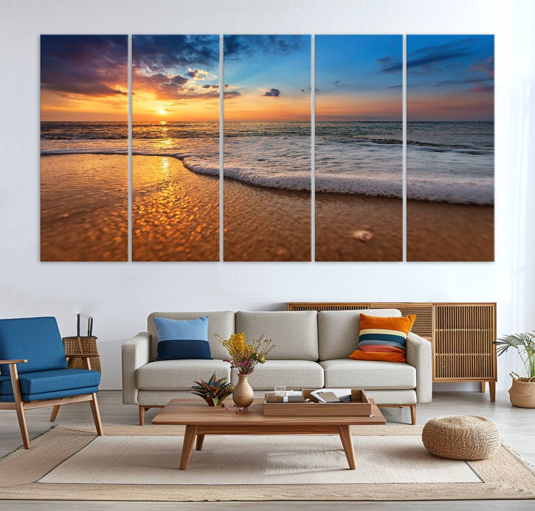 The Golden Sunset Beach Waves Triptych adds a modern coastal touch with its stunning seascape.