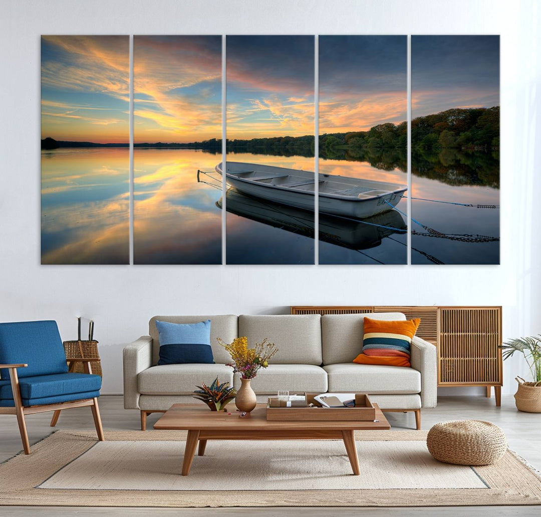 Serene Rowboat on Calm Lake Triptych Canvas Art, Giclee Wall Art of Peaceful Sunset Reflections, Tranquil Landscape Wall Art for Home or Office