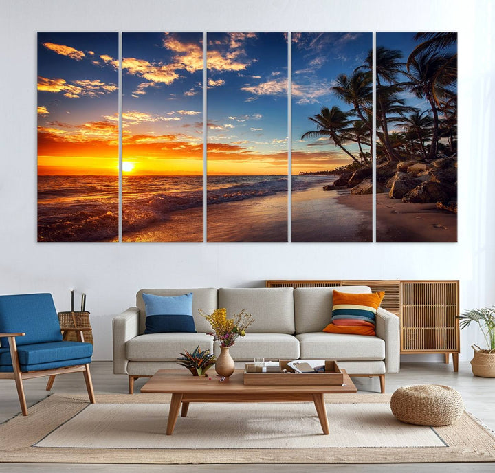 Tropical Beach Sunset Canvas Art, Palm Trees and Ocean Waves Wall Art, Giclee Print for Coastal Home Decor