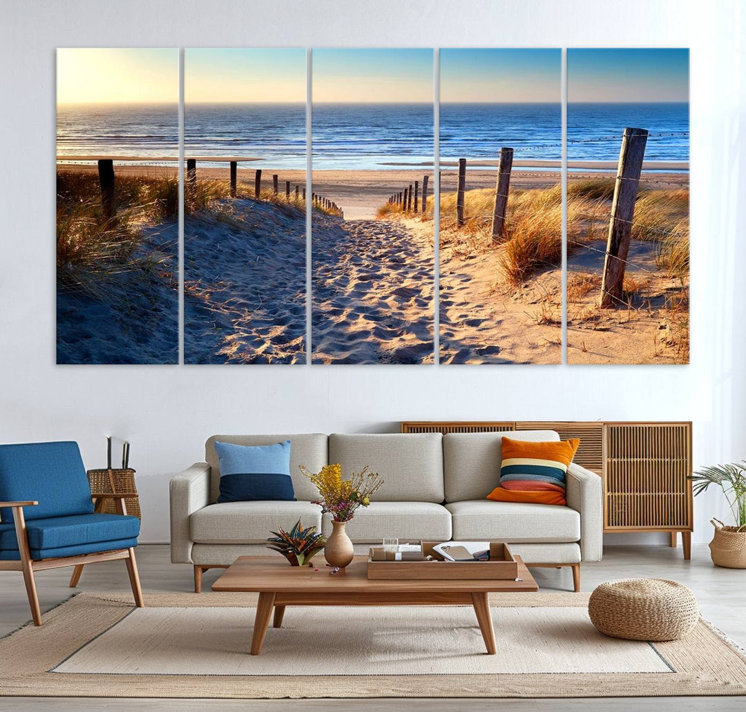 Tropical Beach Sunset Canvas Art, Ocean Waves and Sandy Shoreline Wall Art, Large Beach Decor for Coastal Homes