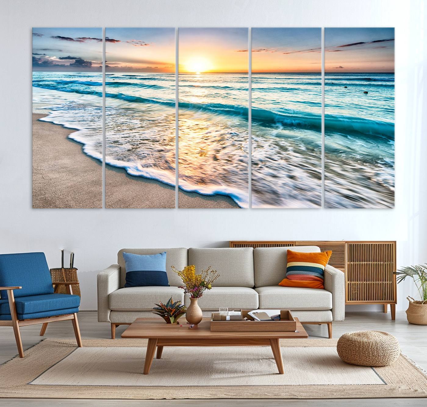 27815-MGV-CV-36X24-Sunset Beach Waves Canvas Wall Art – 5-Panel Ocean Sunset Print – Coastal Decor for Living Room or Bedroom – Ready to Hang