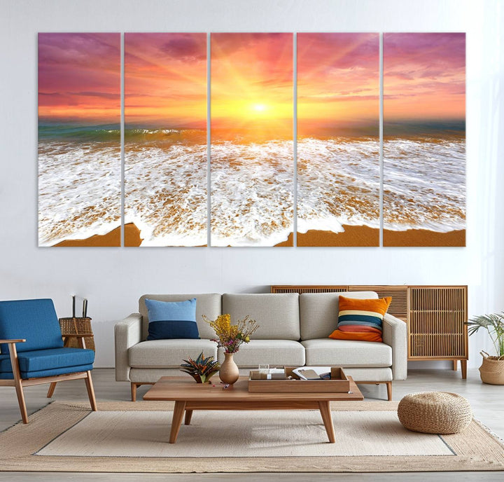 Golden Beach Sunrise 3-panel canvas art of ocean waves, hung on a wooden wall.