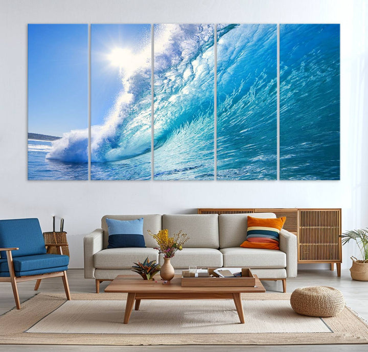 Blue Big Wave Surf Ocean Canvas Wall Art Artwork Print, Art mural de plage, Art de mur de mer