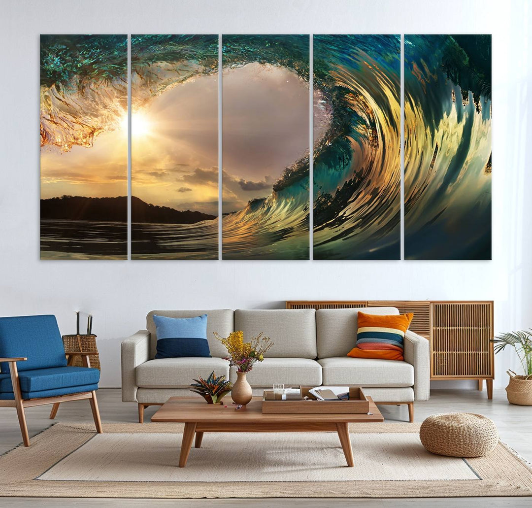 Surfing Big Wave on Ocean Canvas Wall Art Beach Canvas Sunset Artwork Print para sala de estar, decoración de la oficina en el hogar, arte de la pared de la playa, arte de la pared del mar