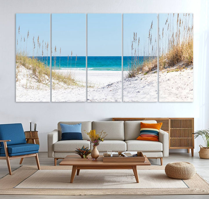 Serene Coastal Dune Path with Ocean View, 3-Panel Beach Canvas Art; tranquil seascape for coastal decor.