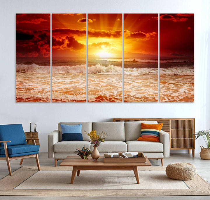 The Red Sunset Ocean Beach Canvas depicts ocean waves.