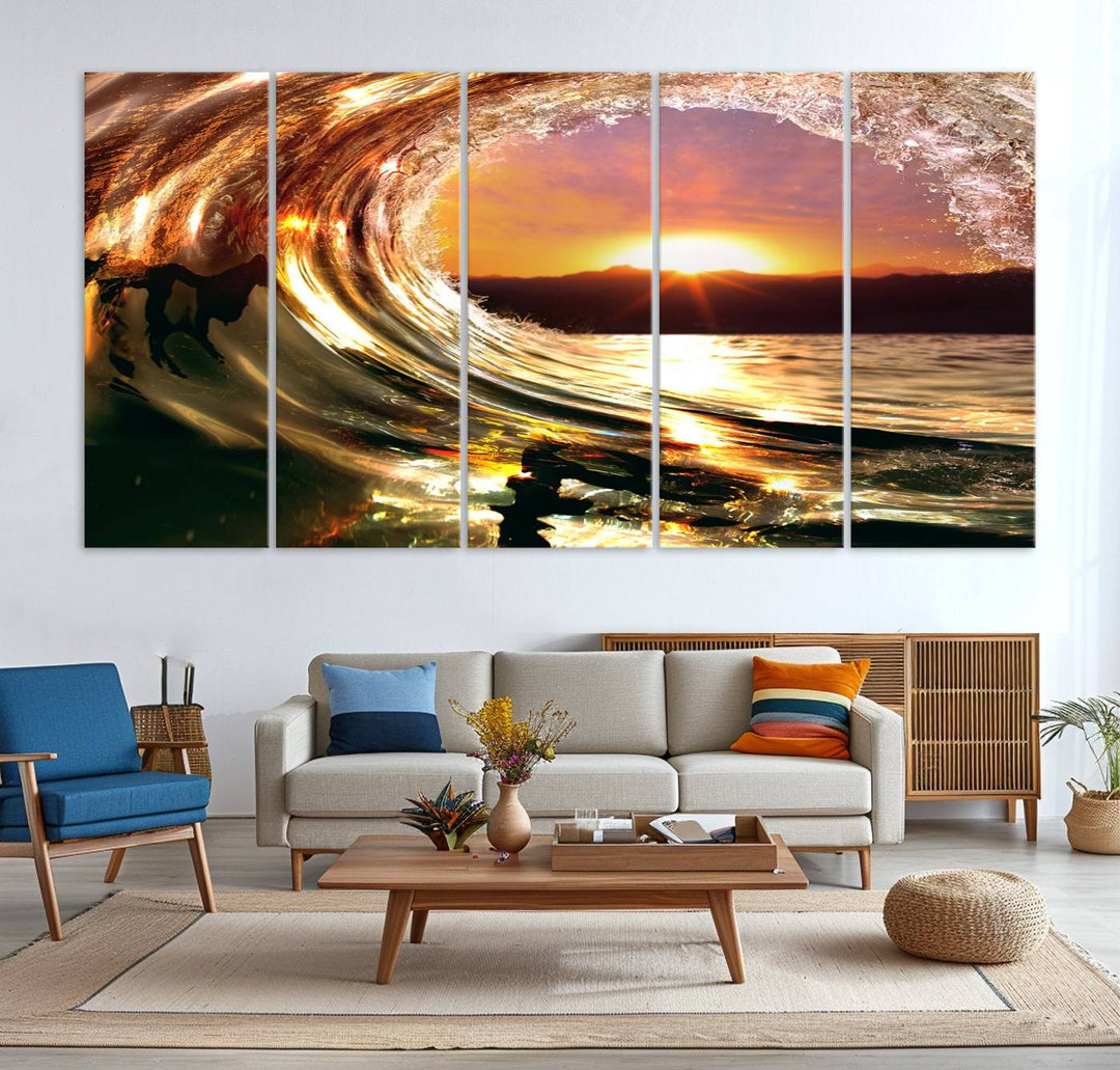 The Golden Wave Sunset Triptych Canvas Art showcases an ocean wave at sunset, casting warm light.