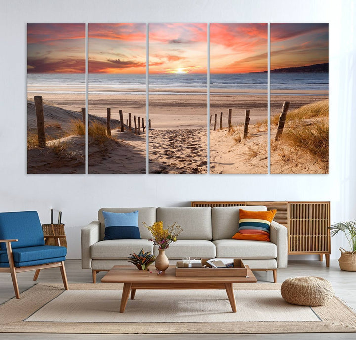 The Sunset on the Sea Wall Art Canvas Print beautifully captures a beach sunset and waves, enhanced with a UV-protective coating.