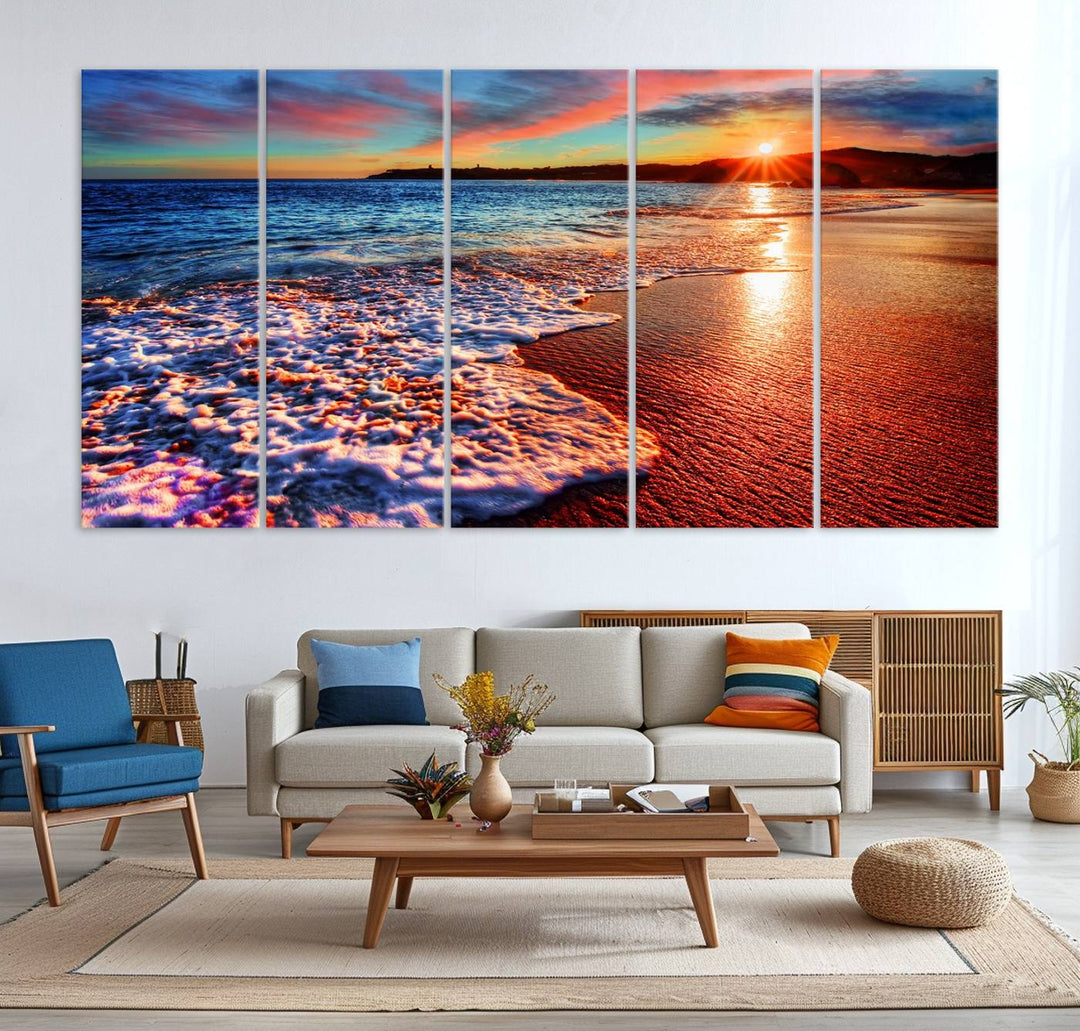 The Colorful Coastal Sunset on the Beach canvas print portrays ocean waves at dusk.