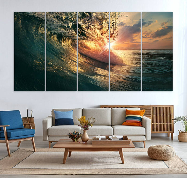 A triptych seascape titled Ocean Wave Sunset Canvas, featuring a stunning ocean view at sunset, is beautifully framed and ready to hang.