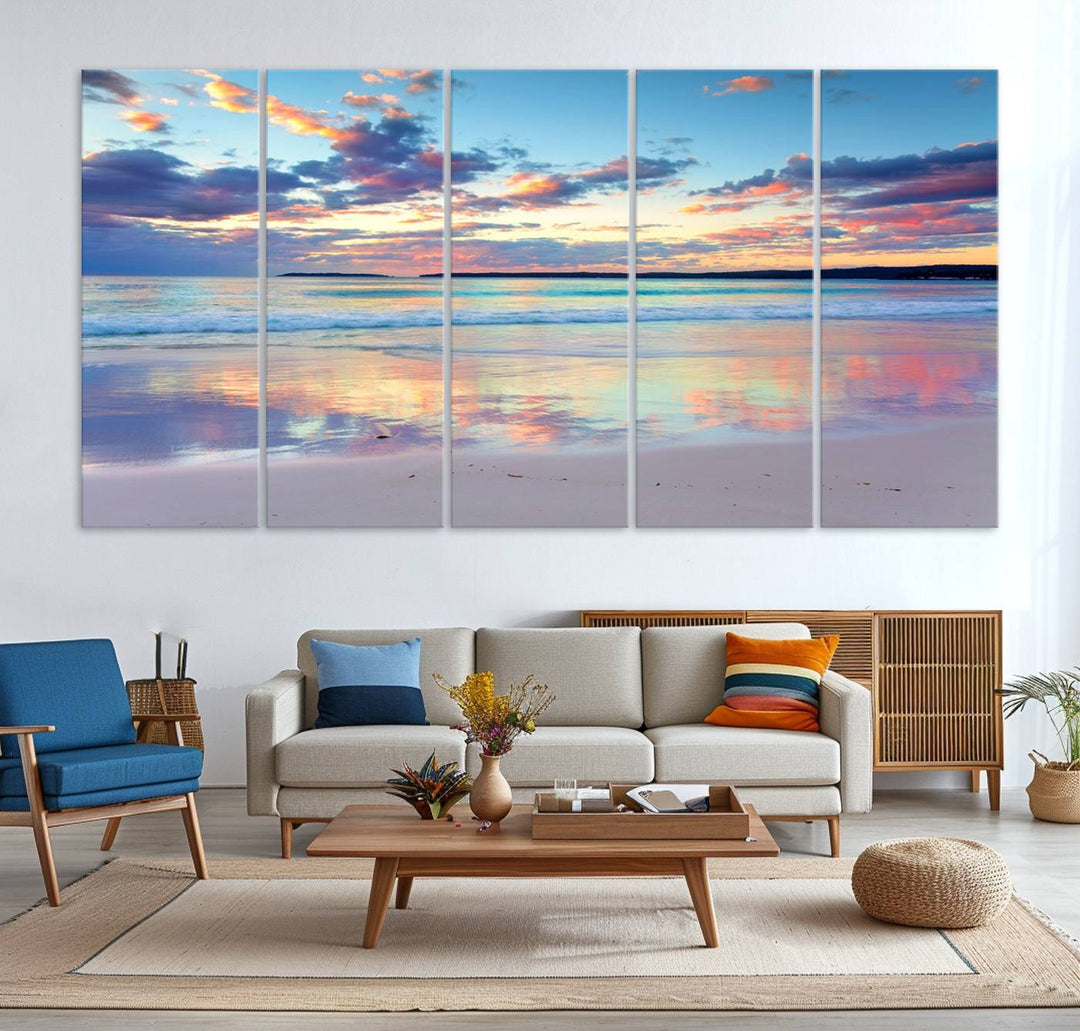 Tranquil Pastel Sunset Beach Triptych Canvas Art, Soothing Coastal Ocean Shoreline Giclee Print, Beach Reflections Wall Decor for Serene Spaces