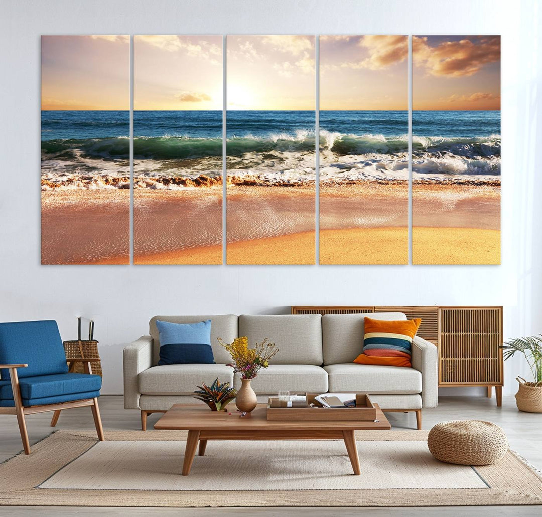 The wall features a Canon-quality Serene Beach Path canvas giclee print, depicting coastal dunes.